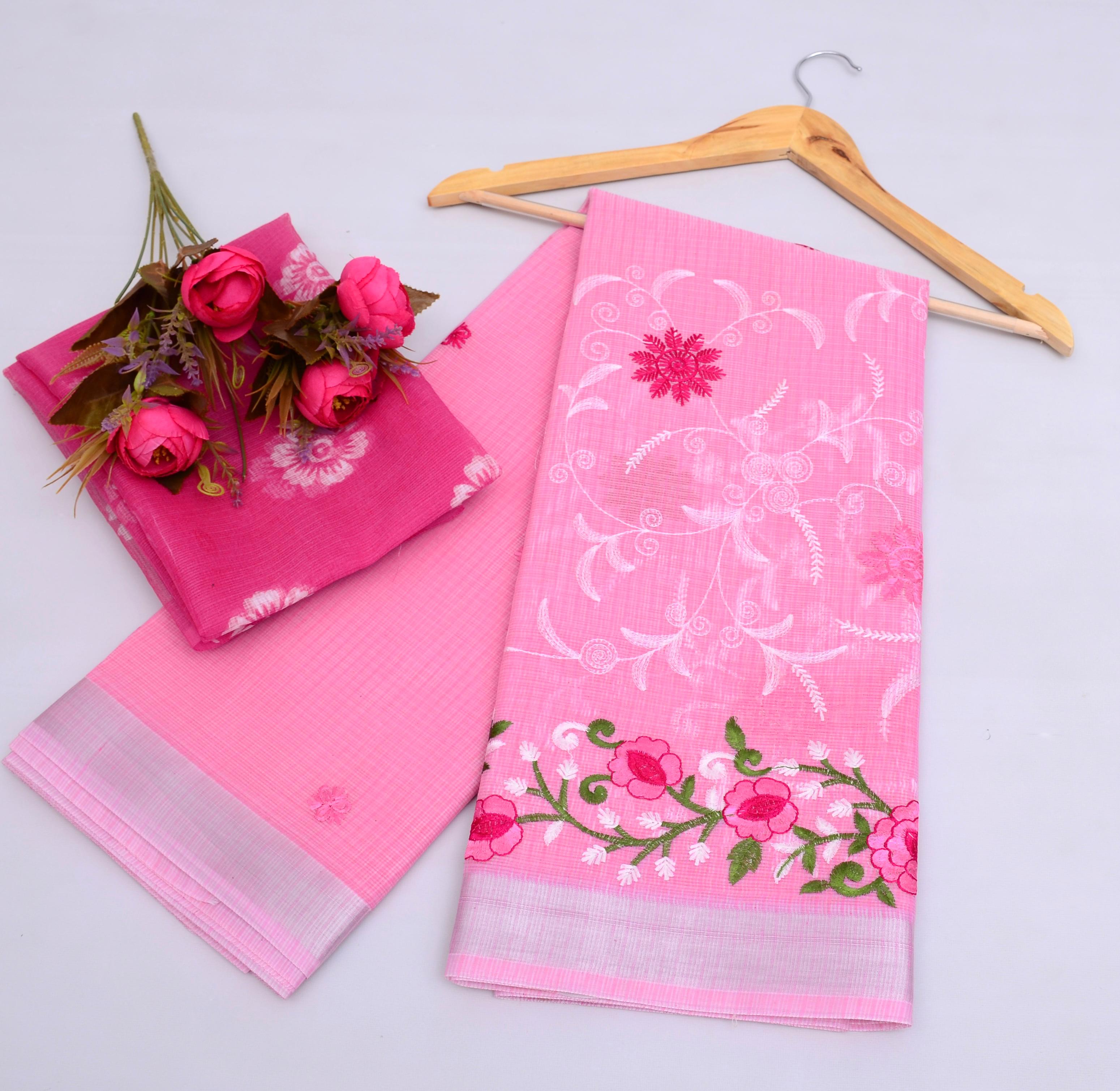 Deepkanwar- Pink Kota Doria Embroidery Work Saree