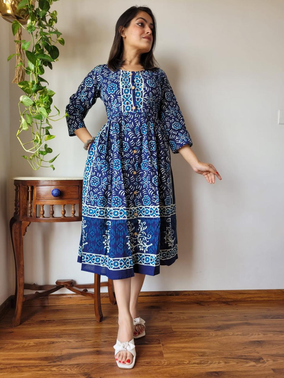Picnic dress for girls blue bagru print dress for summer 