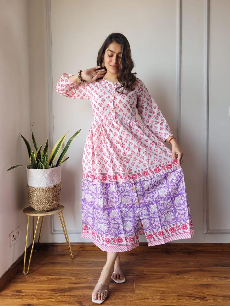 Pink Bagru Print Cotton Dress