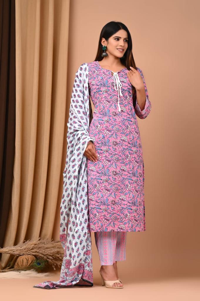 Pink Block Print Suit Set And Dupatta