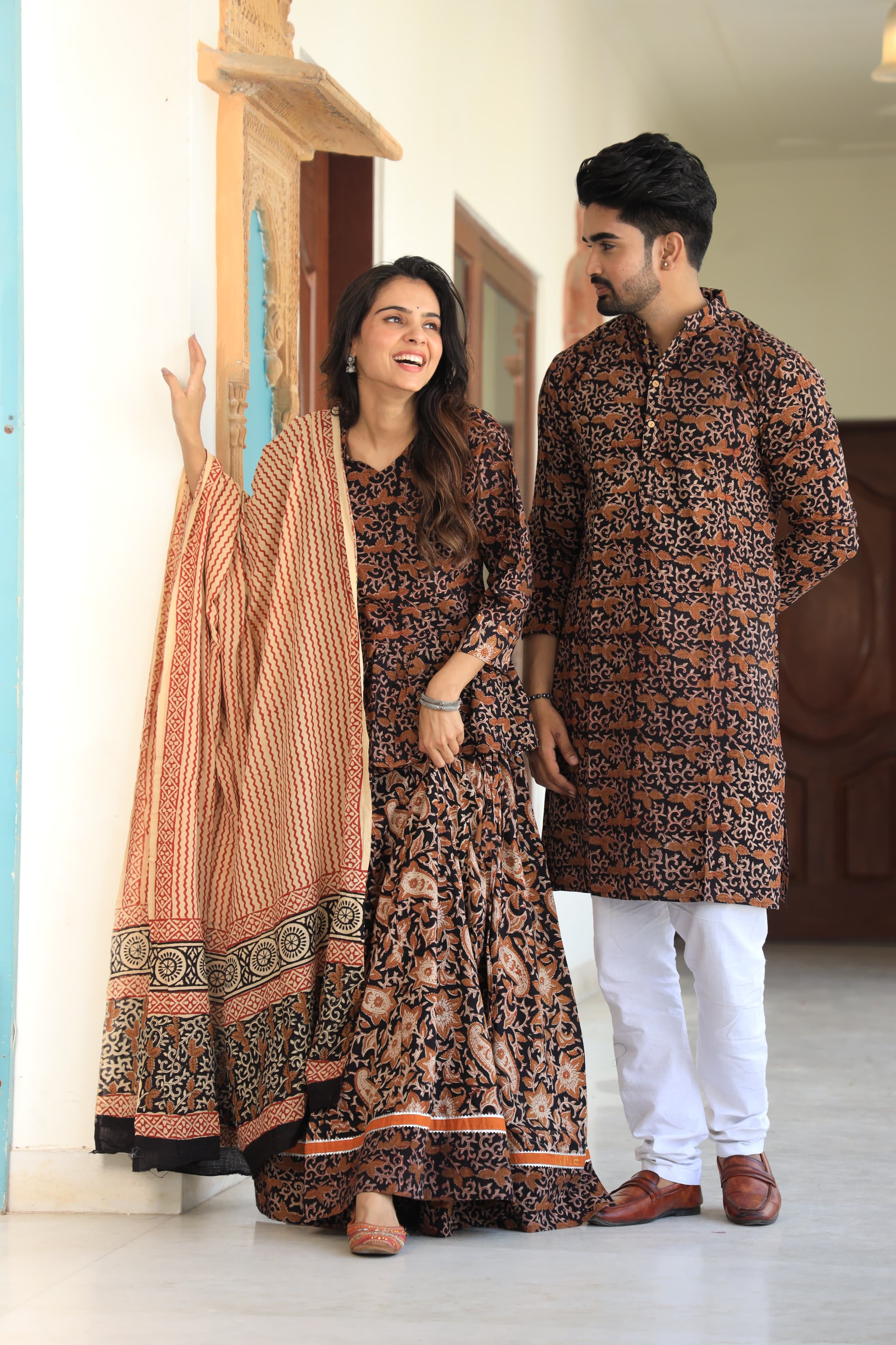 Black colour Pure Cotton Twinning Couple Set In Block Print