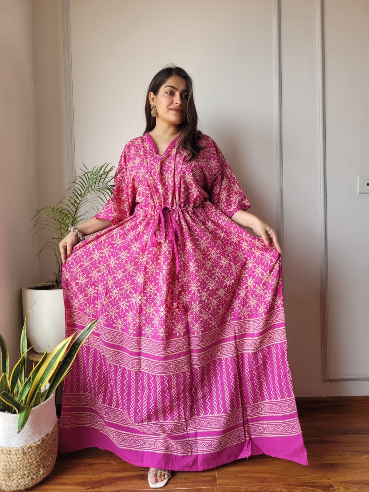Flora Hot Pink Color Cotton Kaftan