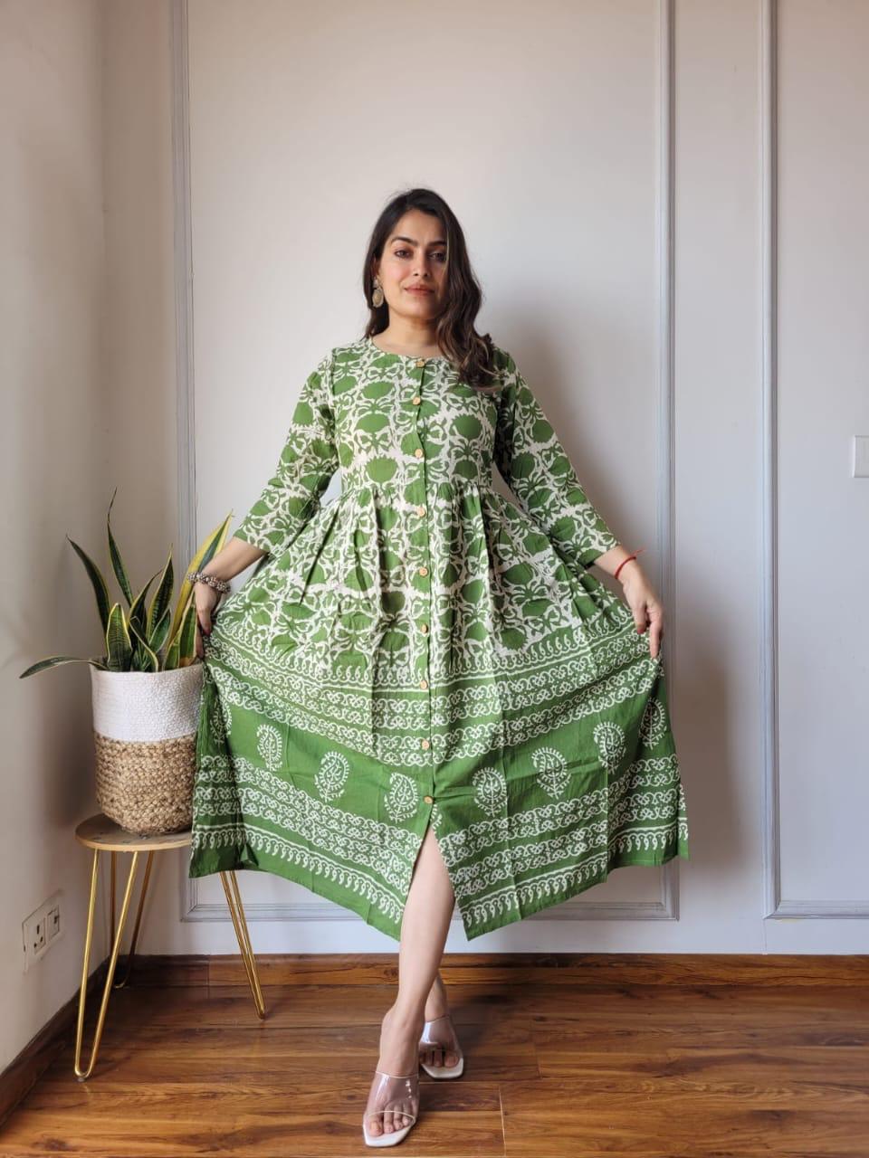 Green Bagru Print Summer Cotton Dress