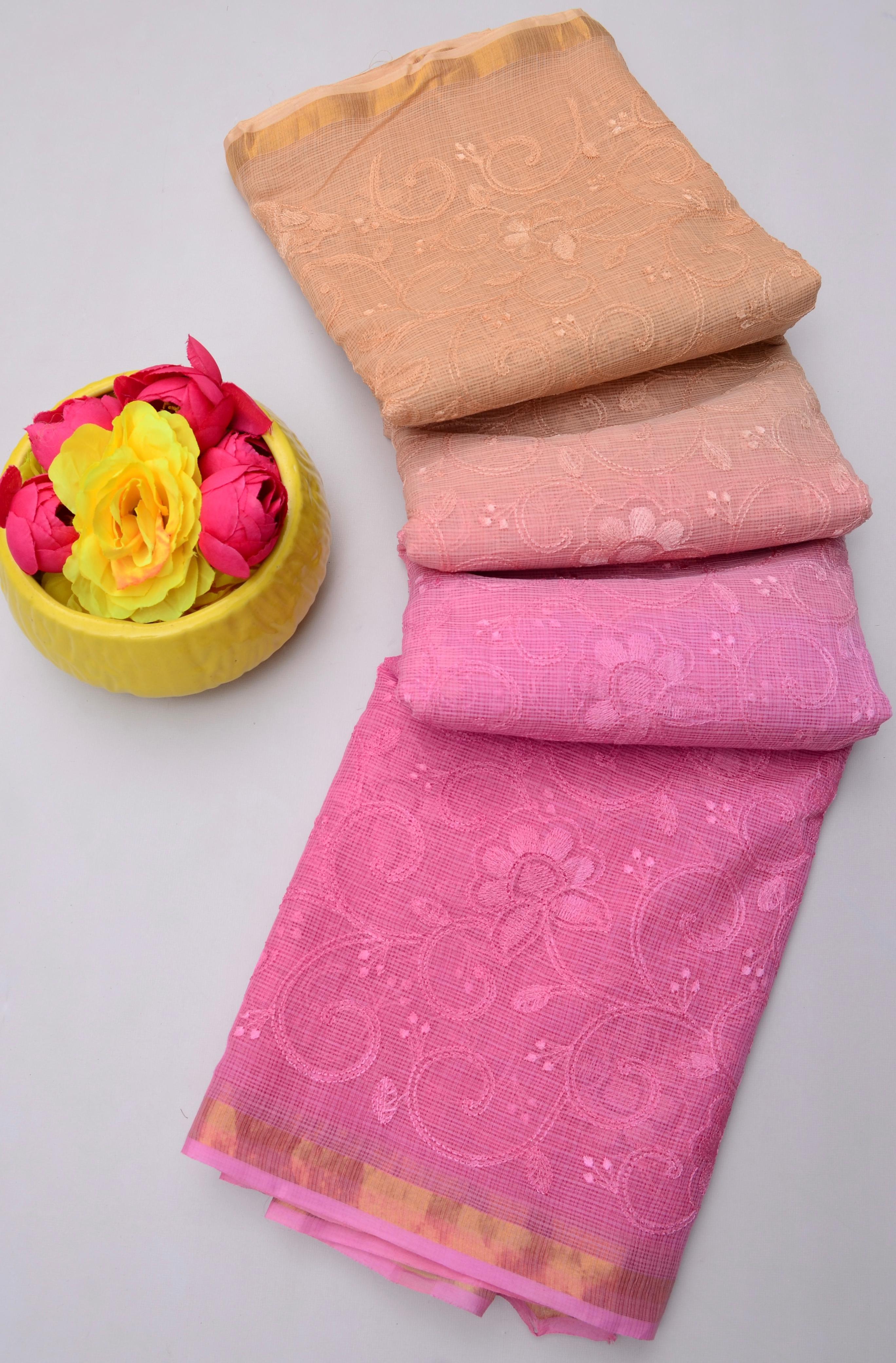 Mohan- Pink Kota Doria Embroidery Work Saree