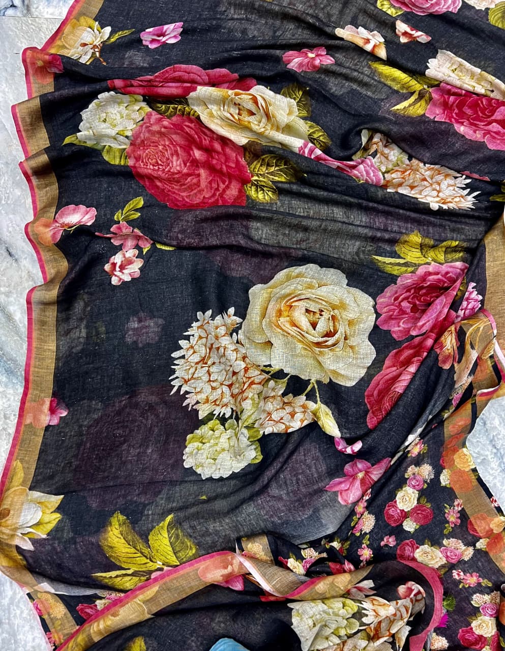 Malini Black Floral Print Pure Linen Saree