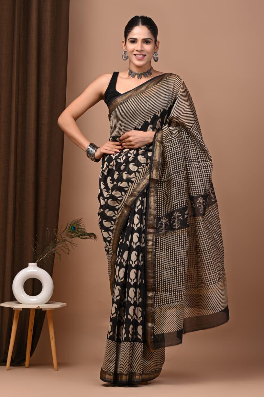 Black Maheshwari Silk Bagru Hand Block Print Saree