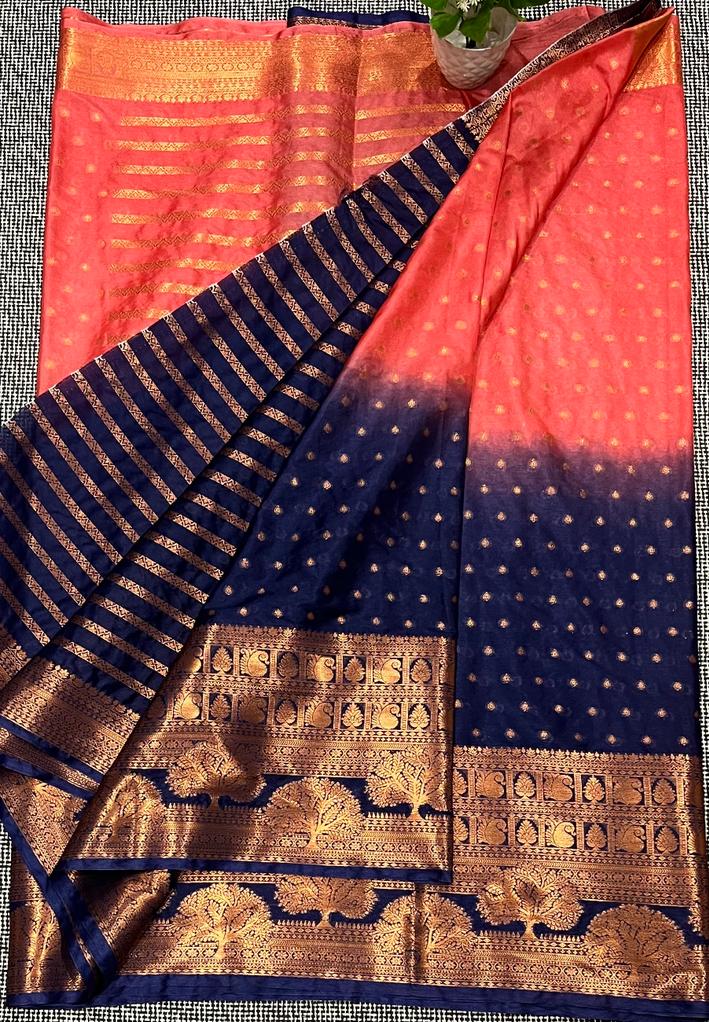 Navy Blue Red Banarasi Semi Silk Saree