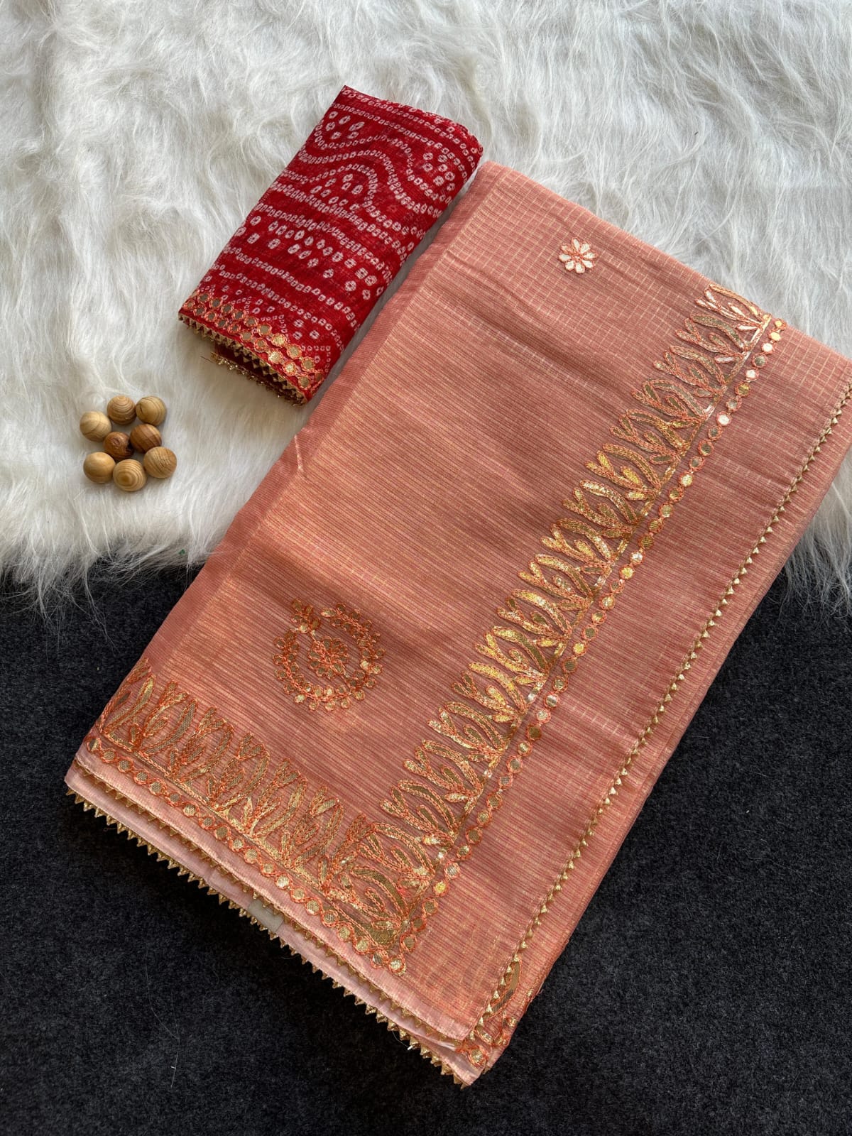 Komal- Light Peach Kota Doria Gota Patti Saree