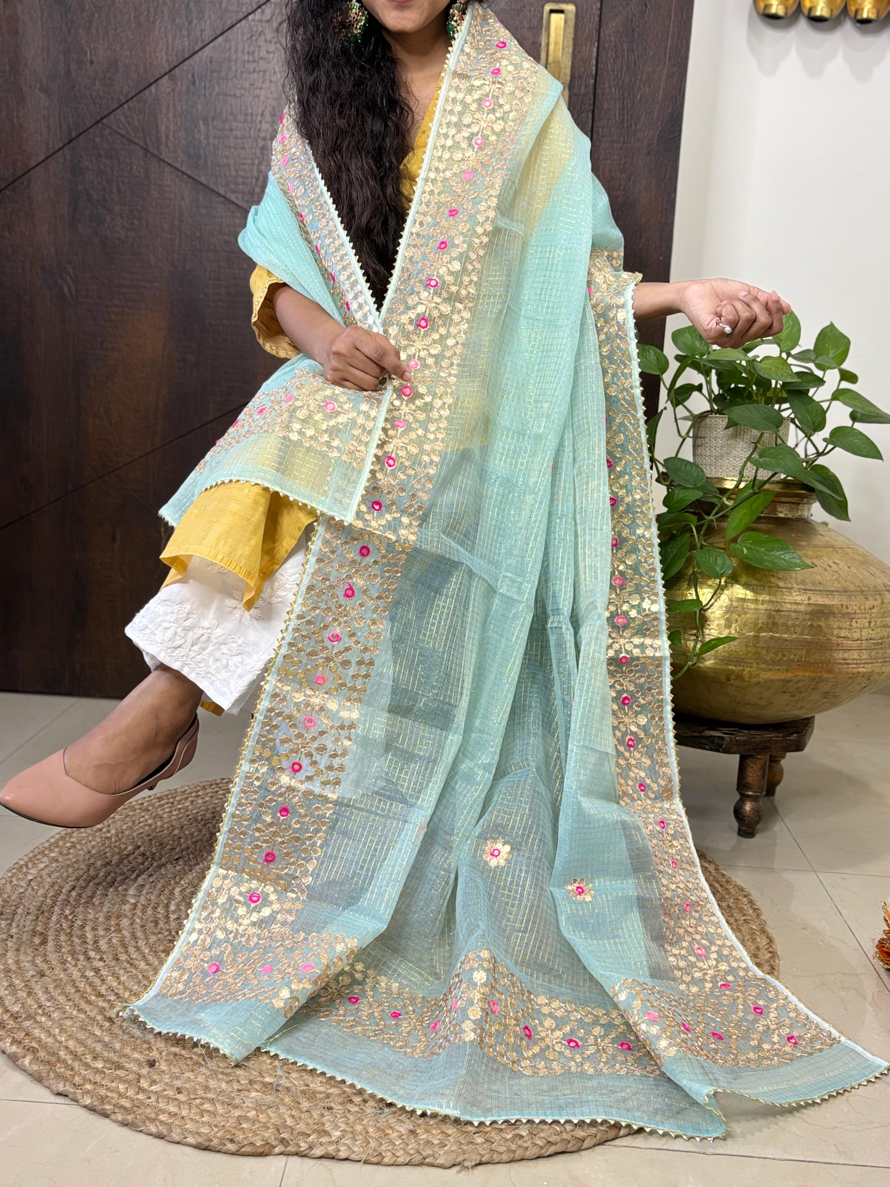 Sky Blue Kota Doria Heavy Gota Patti Work Dupatta