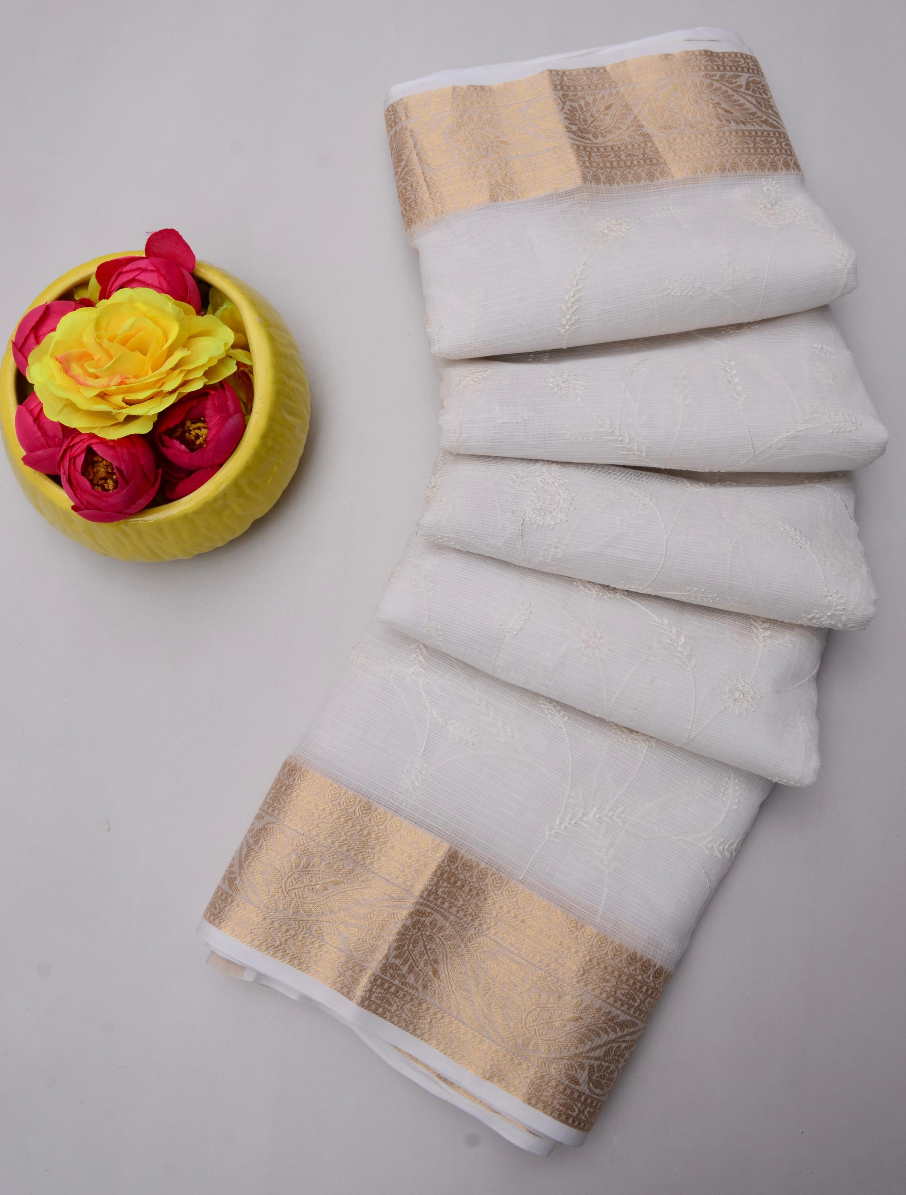 Chandravati- White Kota Doria All Over Embroidery Work Saree