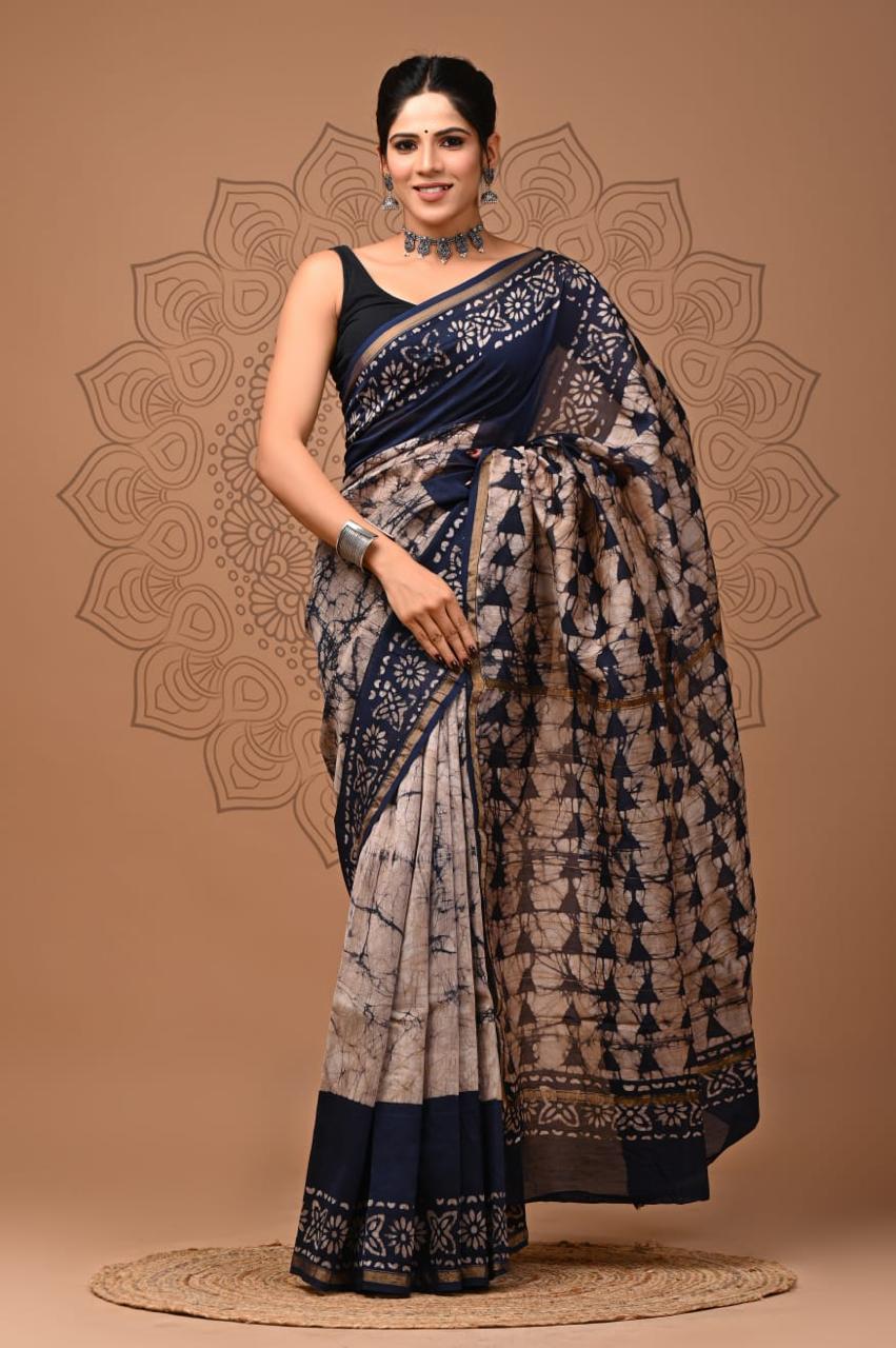 Off White Chanderi Hand Block Printed Saree