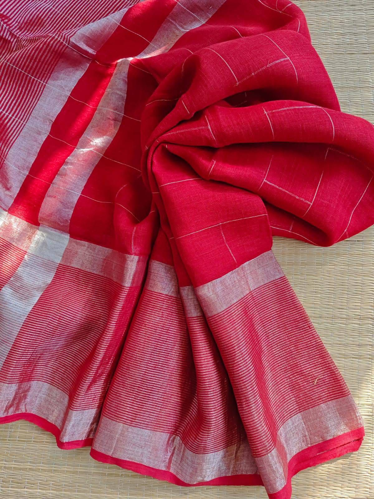 Harika Red Pure Linen Saree