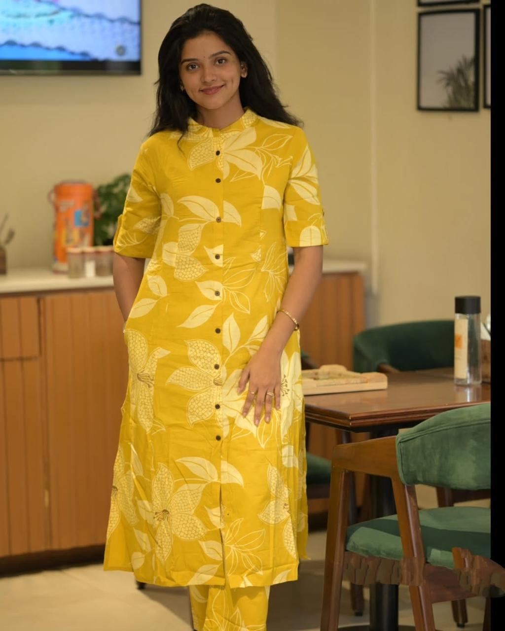 Yellow A Line Printed Kurti Pant Co-Ord Set
