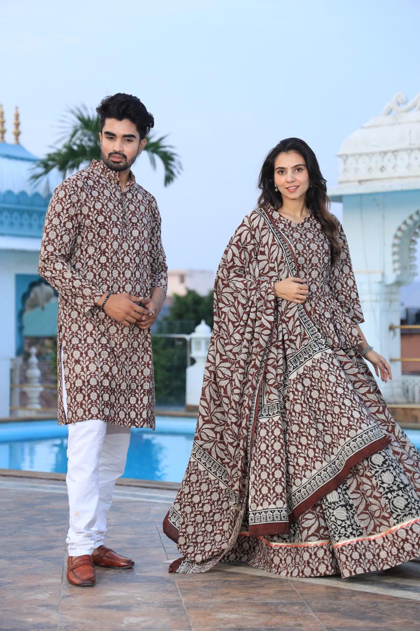 Brown colour Pure Cotton Twinning Couple Set In Block Print