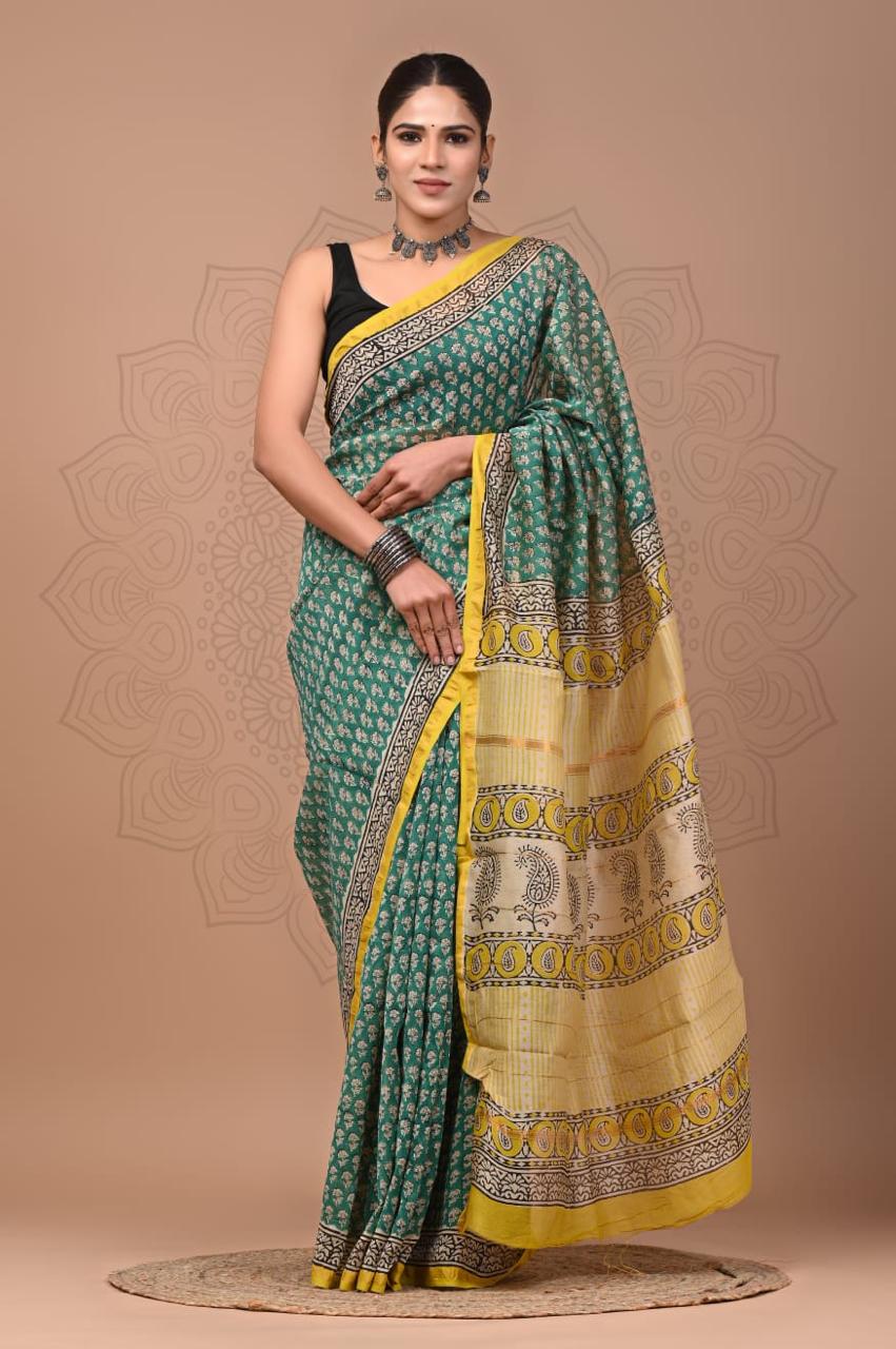 Green Colour Chanderi Hand Block Printed Saree