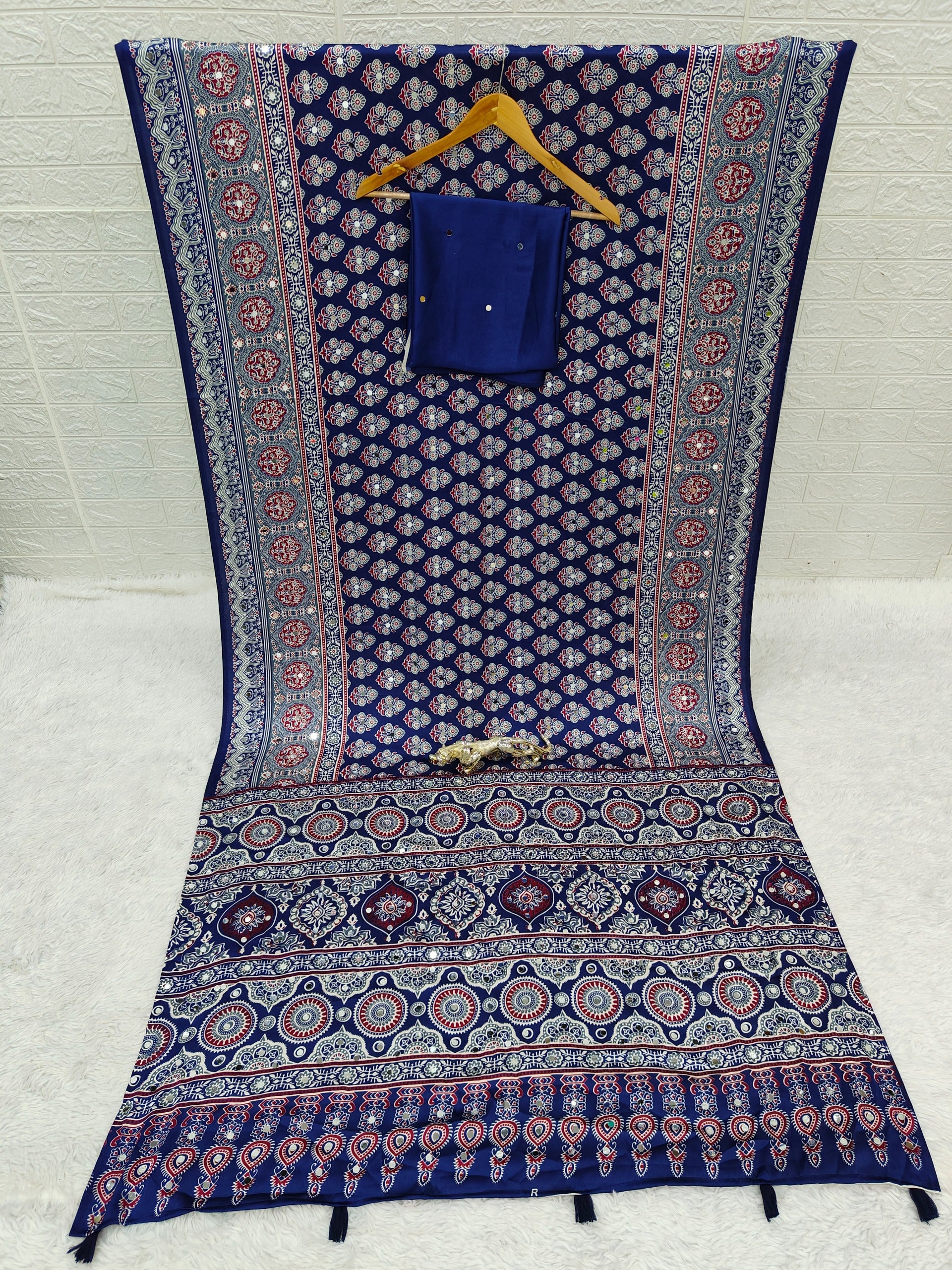 Blue Ajrakh Print Mirror Work Satin Silk Saree
