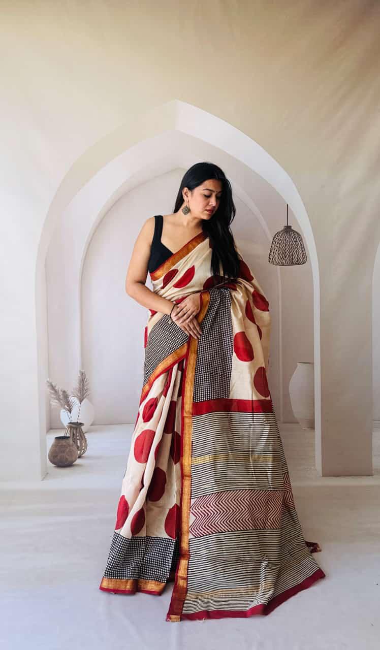 Cream Maheshwari Silk Bagru Hand Block Print Saree