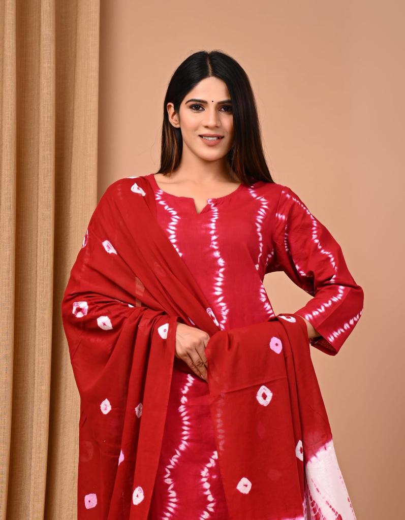 Red Block Print Suit Set With Dupatta