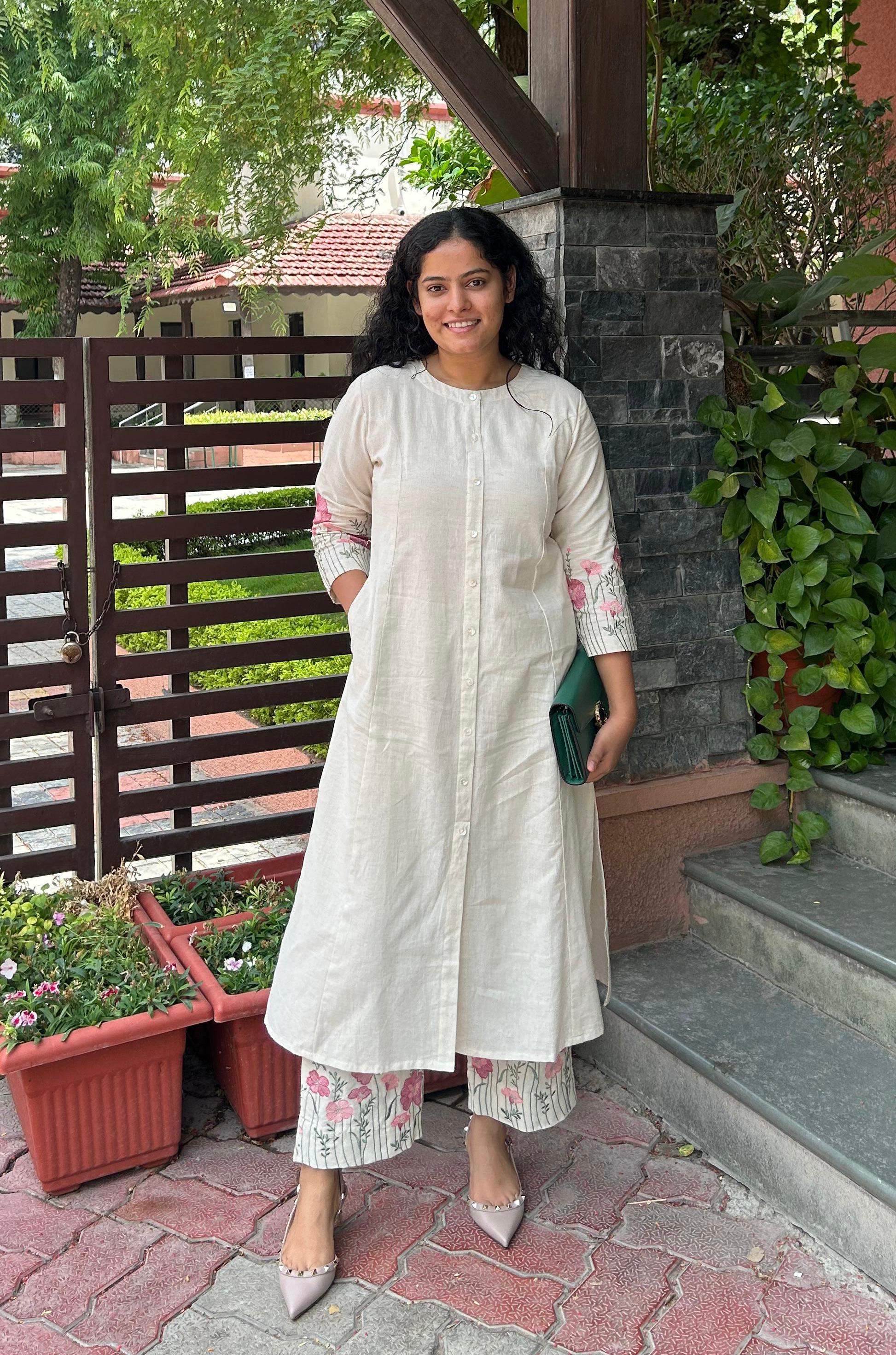 Avni Beige Stylish Comfortable Cord Set With Pink Embroidery Work