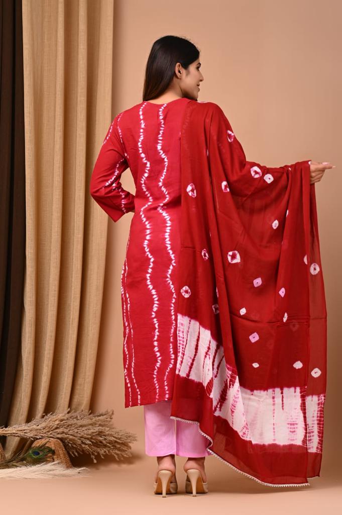 Red Block Print Suit Set With Dupatta