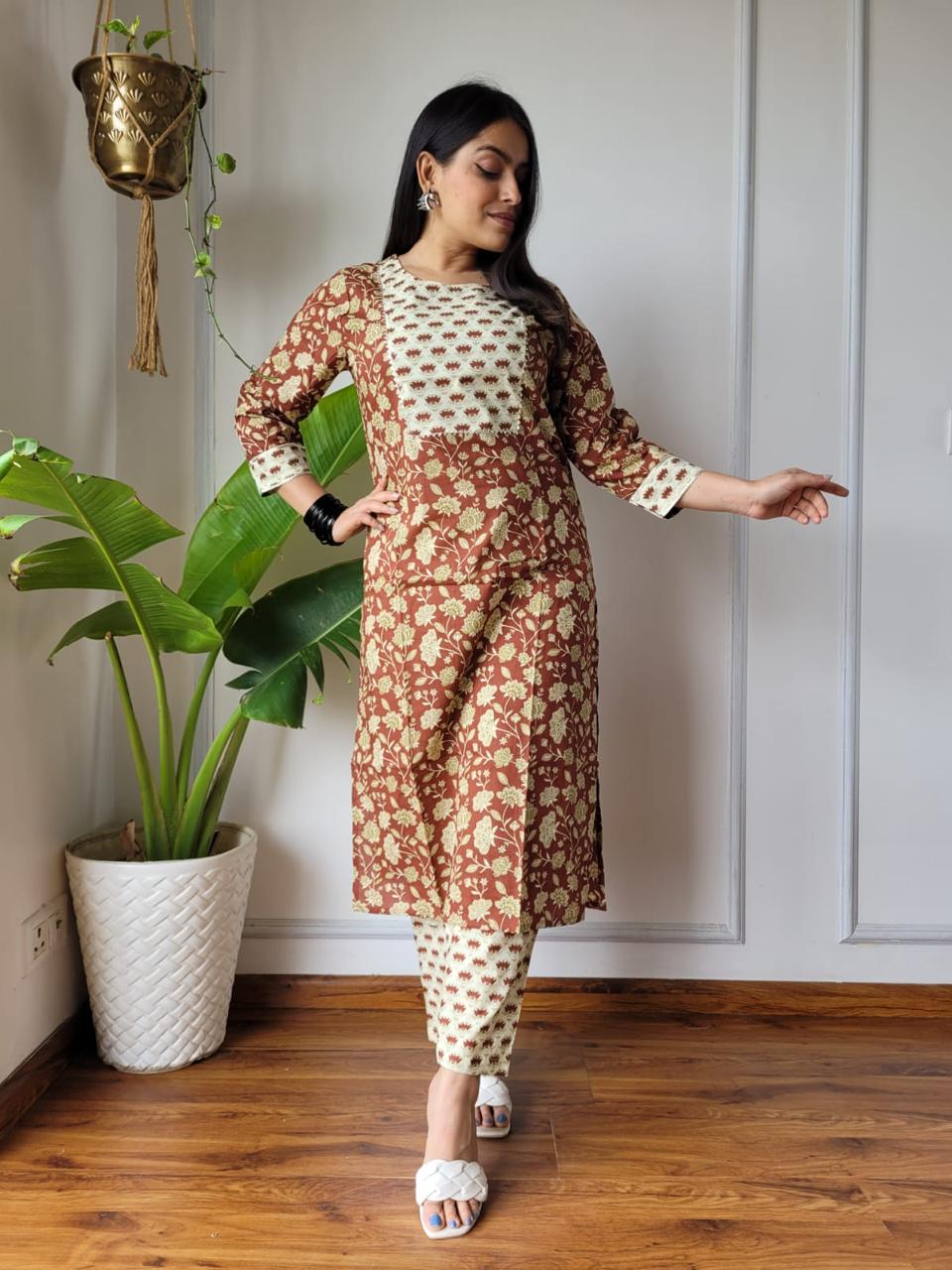 Brown Bagru Hand Block Printed Suit