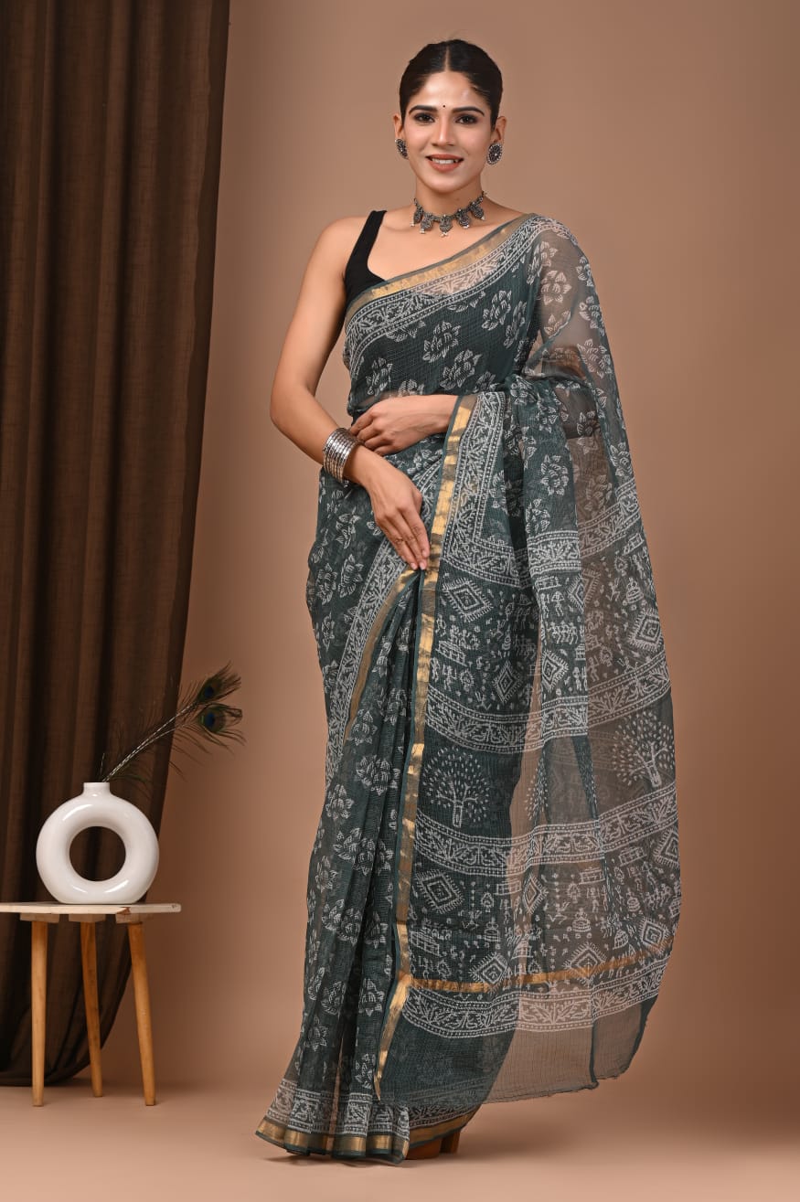 Soniya- Authentic Metal Green Traditional Kota Doriya Print Saree
