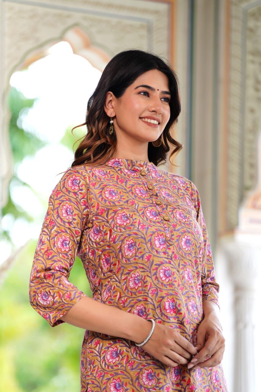 Peach Block Print Suit Set With Dupatta