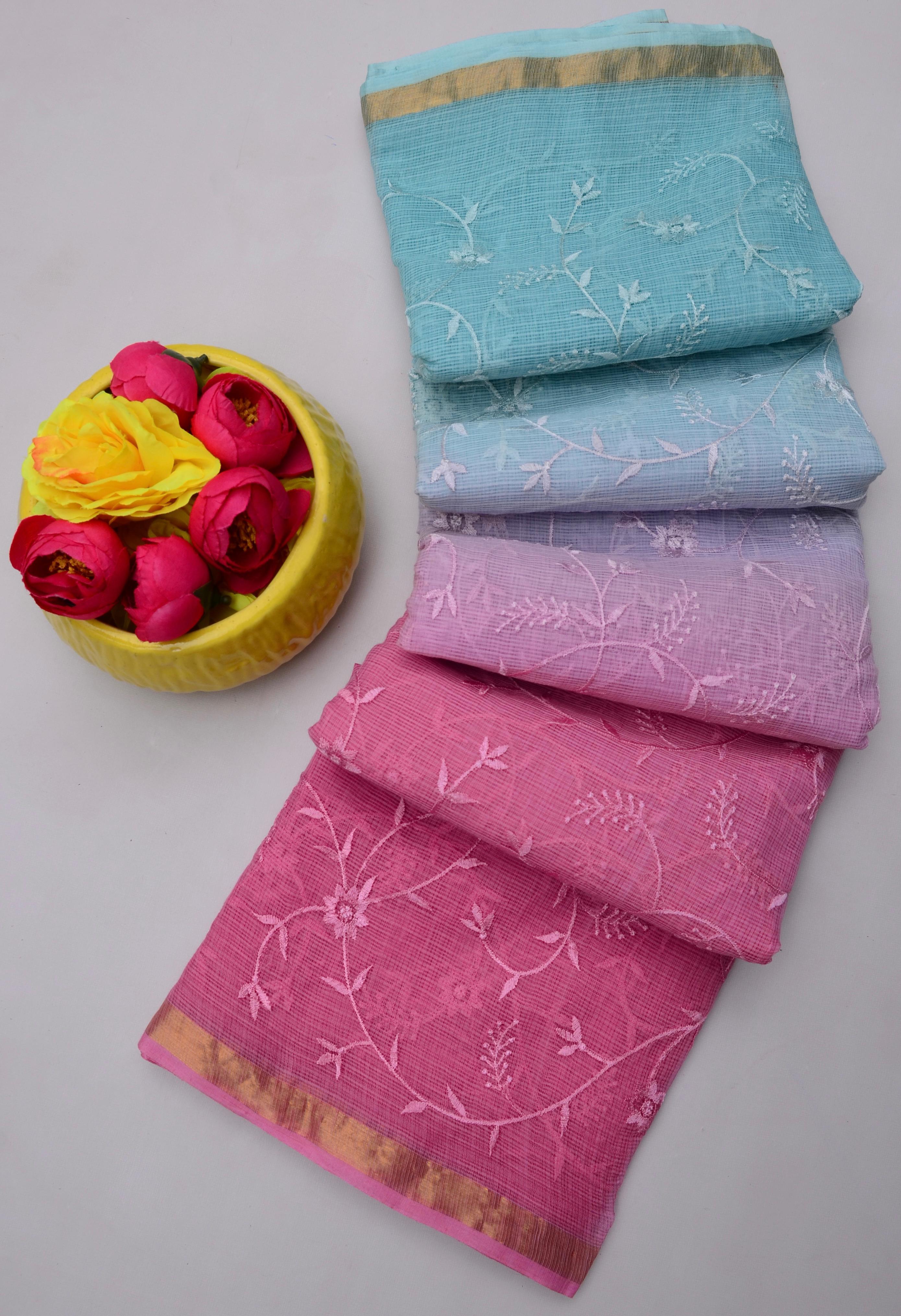 Pihu- Blue & Pink Kota Doria All Over Embroidery Work Saree