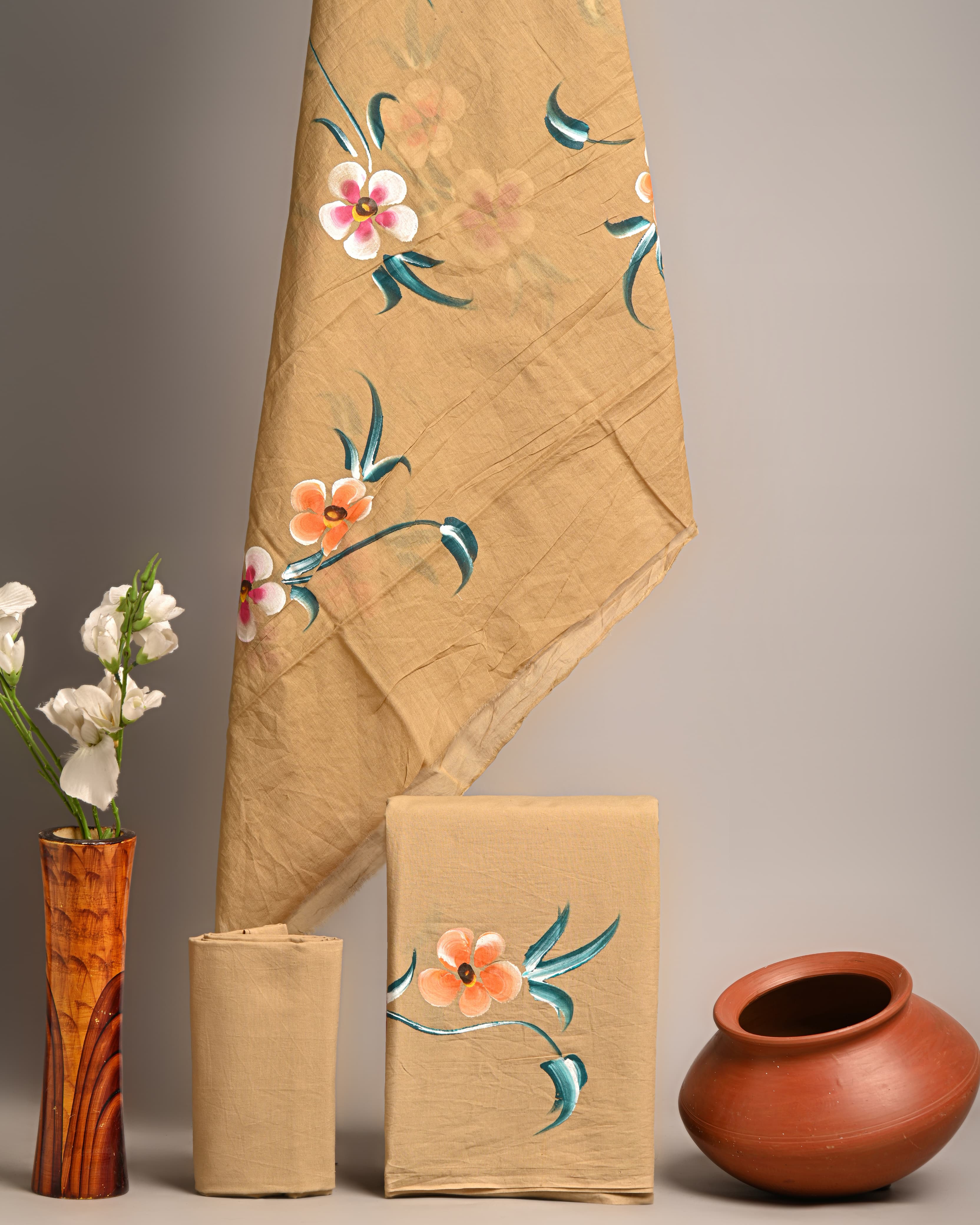 Beige Hand Printed Cotton Suit