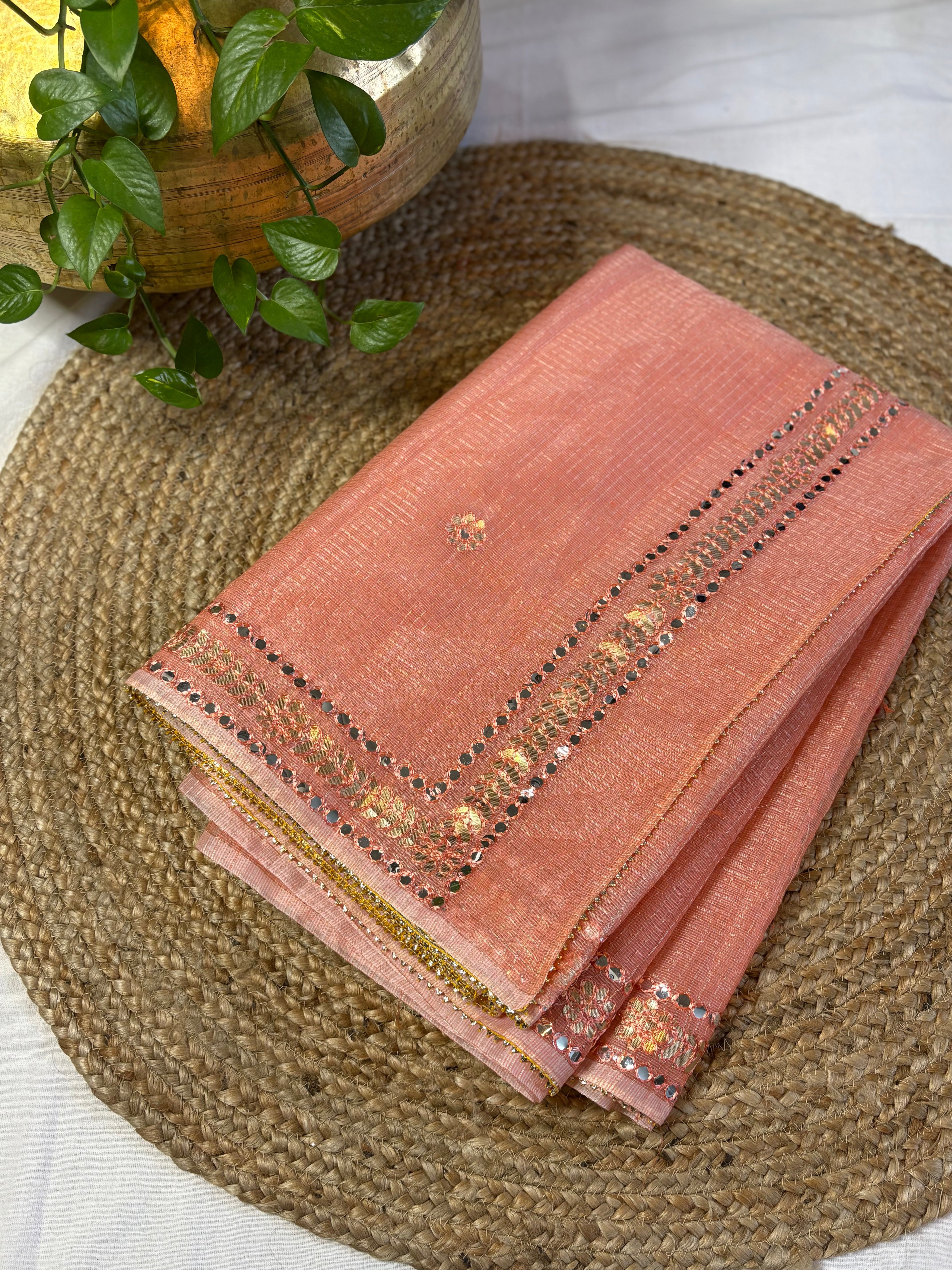 Rangili Peach Kota Doria Gota Patti Saree