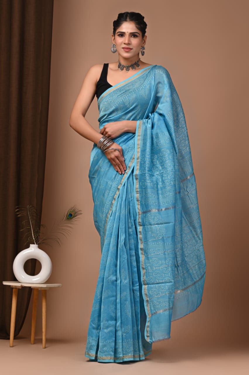 Ratanbai- Blue Chanderi Hand Printed Saree
