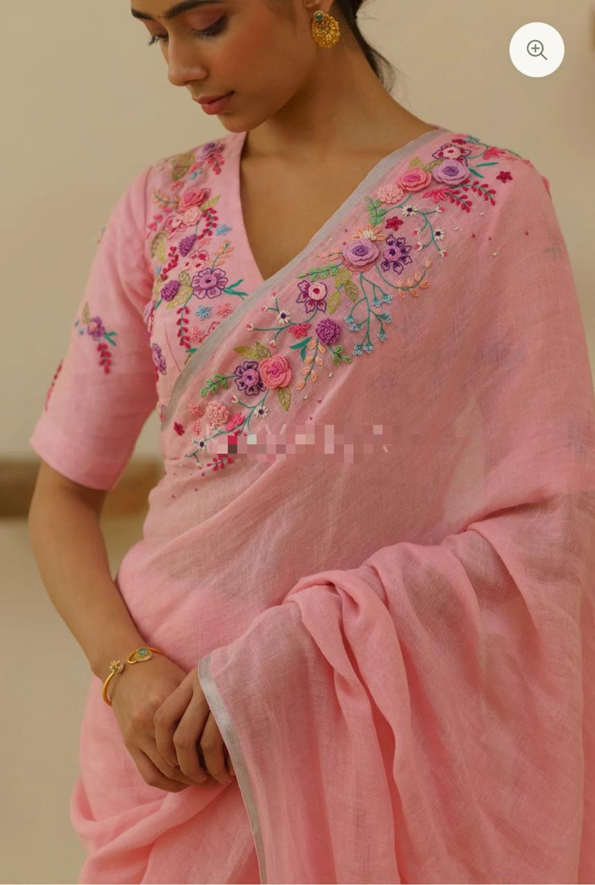 Linen Embroidery Saree In Pink