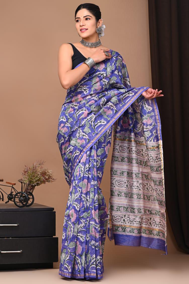 Blue Colour Chanderi Hand Block Printed Saree