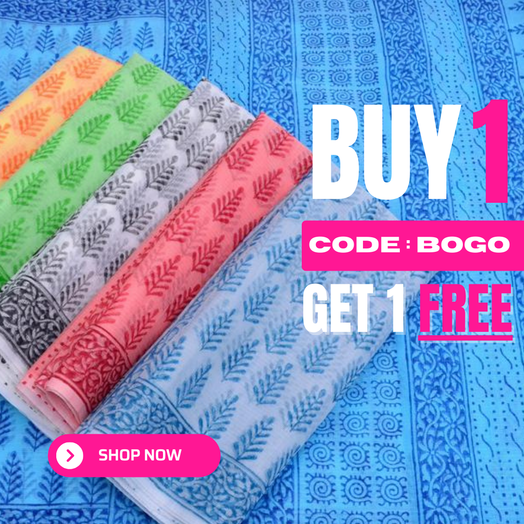 Roopvati- Sky Blue Kota Doria Hand Block Print Saree