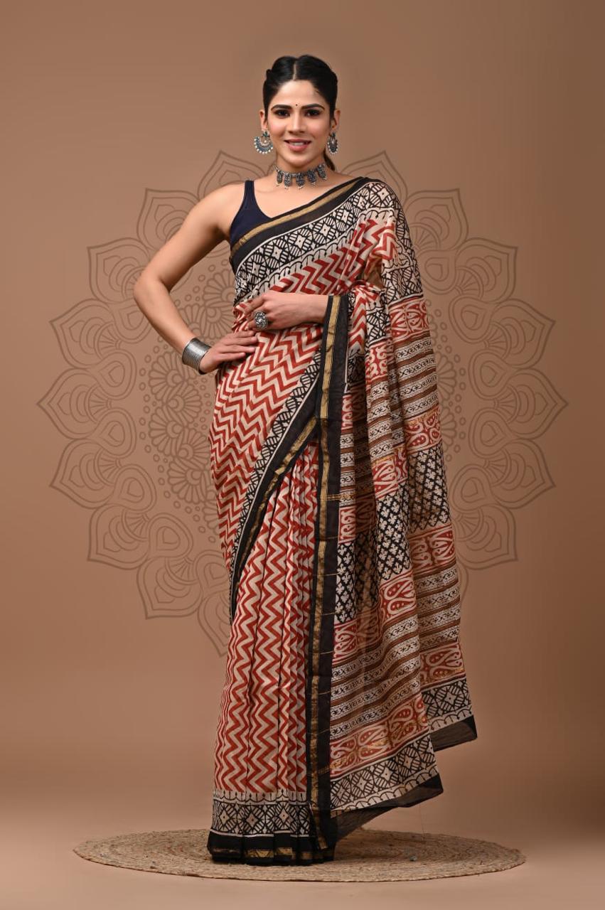 Red Chanderi Hand Block Printed Saree