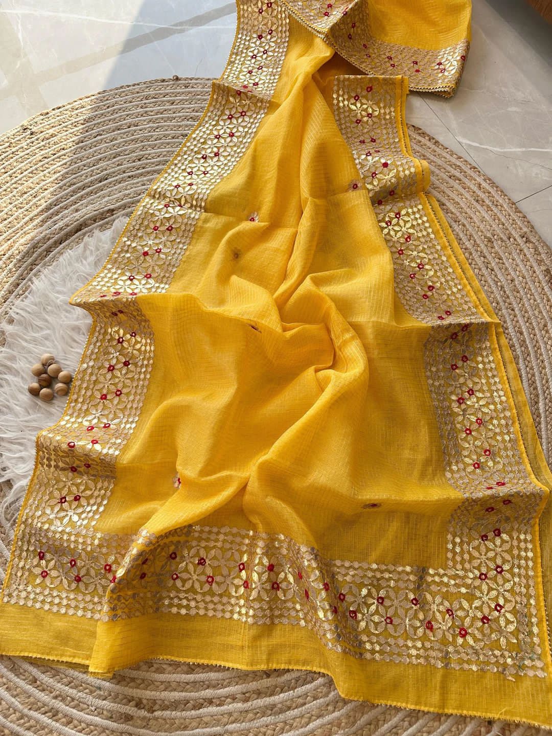 Bulbul- Yellow Kota Doria Heavy Border Gota Patti Saree
