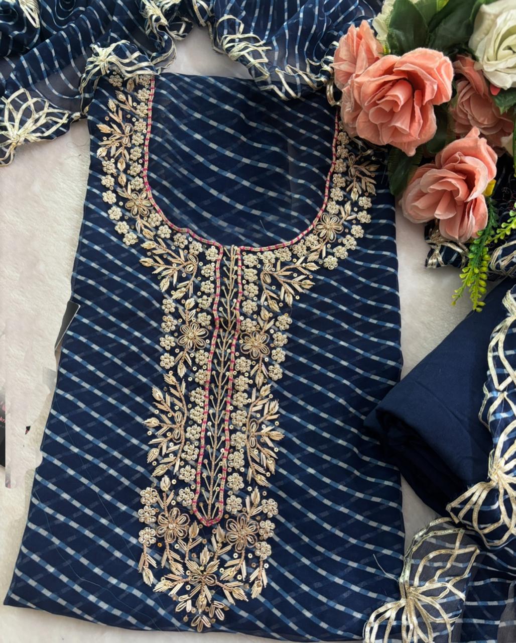 Beautiful Ink blue Color Leheriya Gota Patti Work Suit