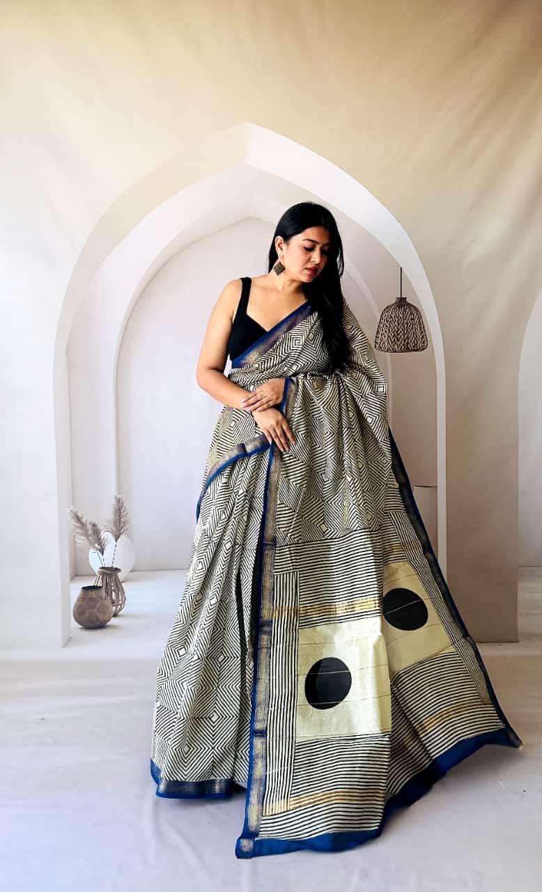 White Maheshwari Silk Bagru Hand Block Print Saree