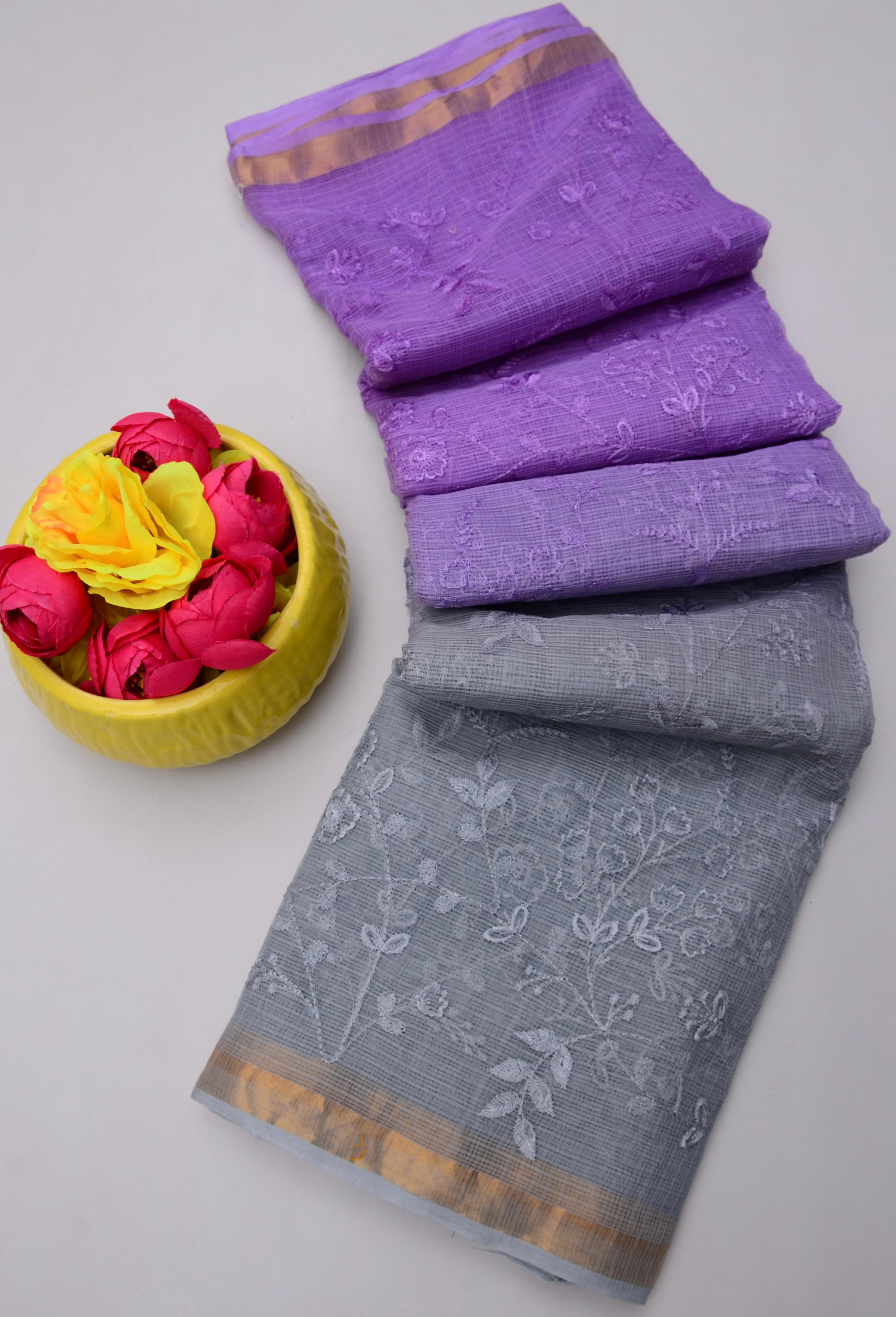 Madhulika- Purple & Grey Kota Doria Embroidery Work Saree