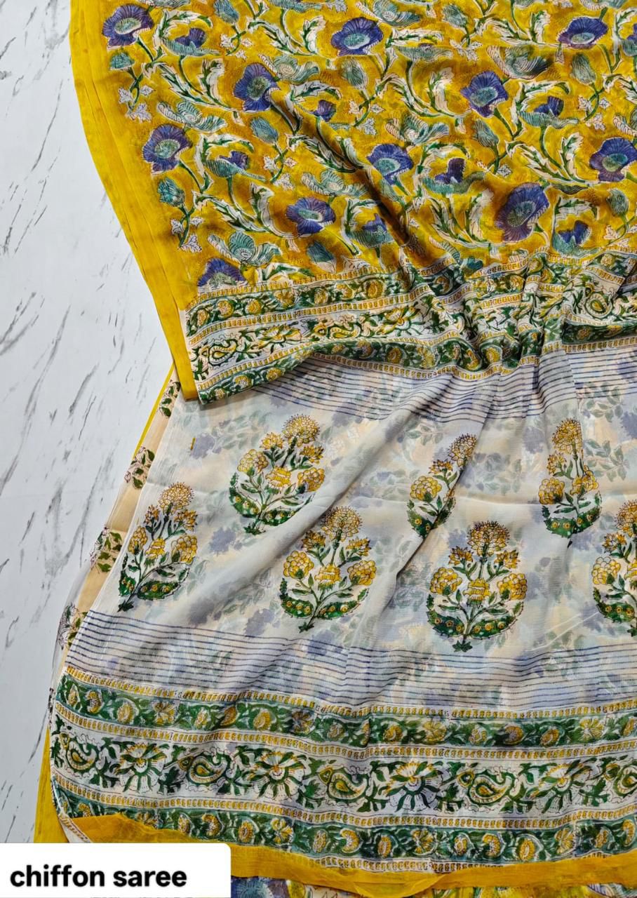 Double Diamond Pure Chiffon Sari in Yellow