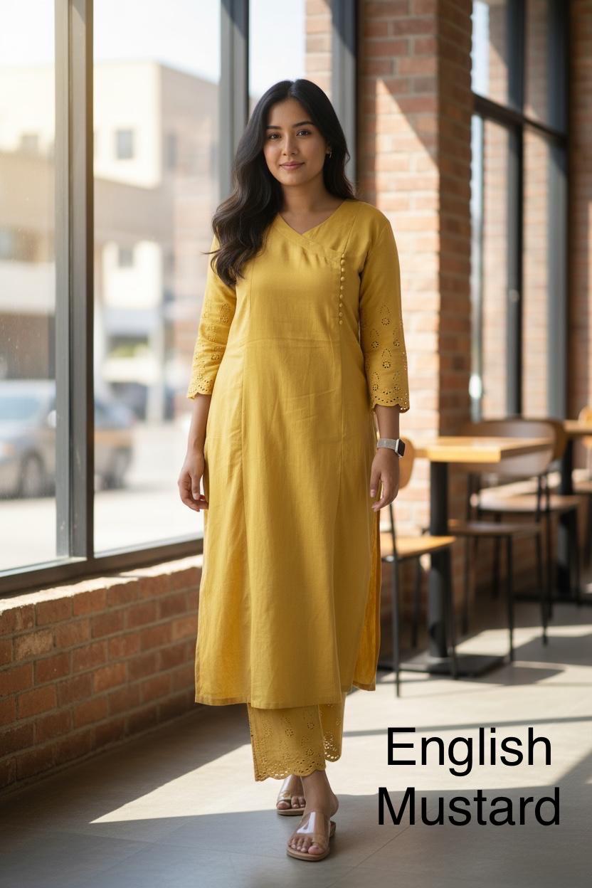 Mustard Yellow Coord Set With Chikankari Cutwork Cotton