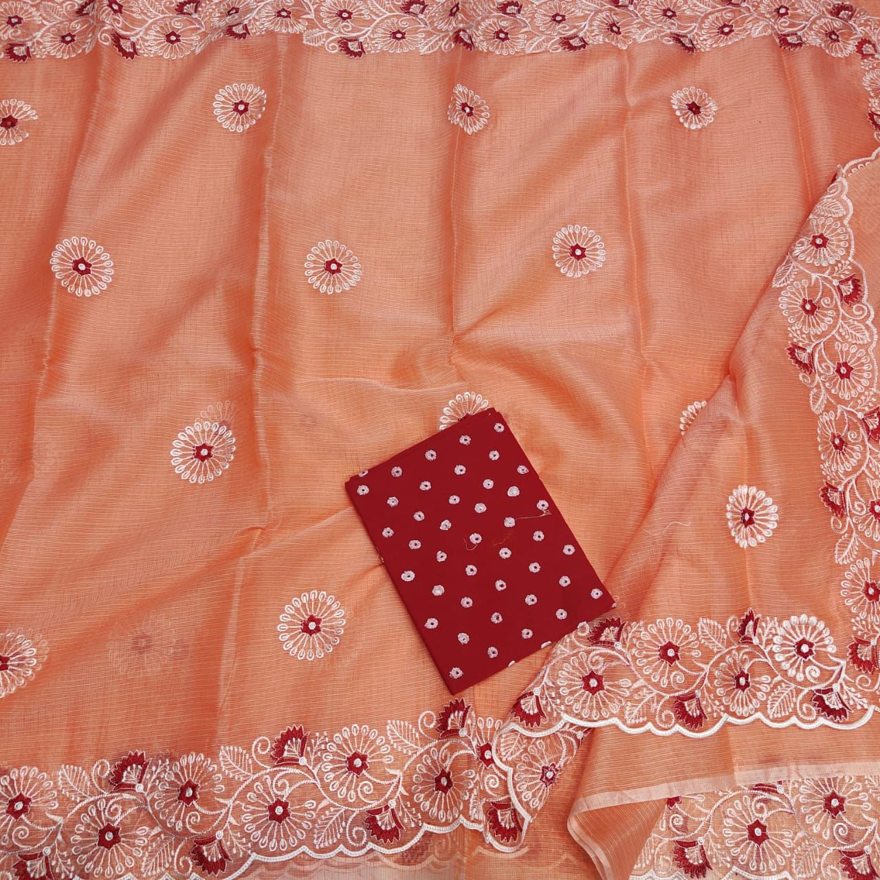 Dhani-Peach Kota Doria Embroidery Work Sari