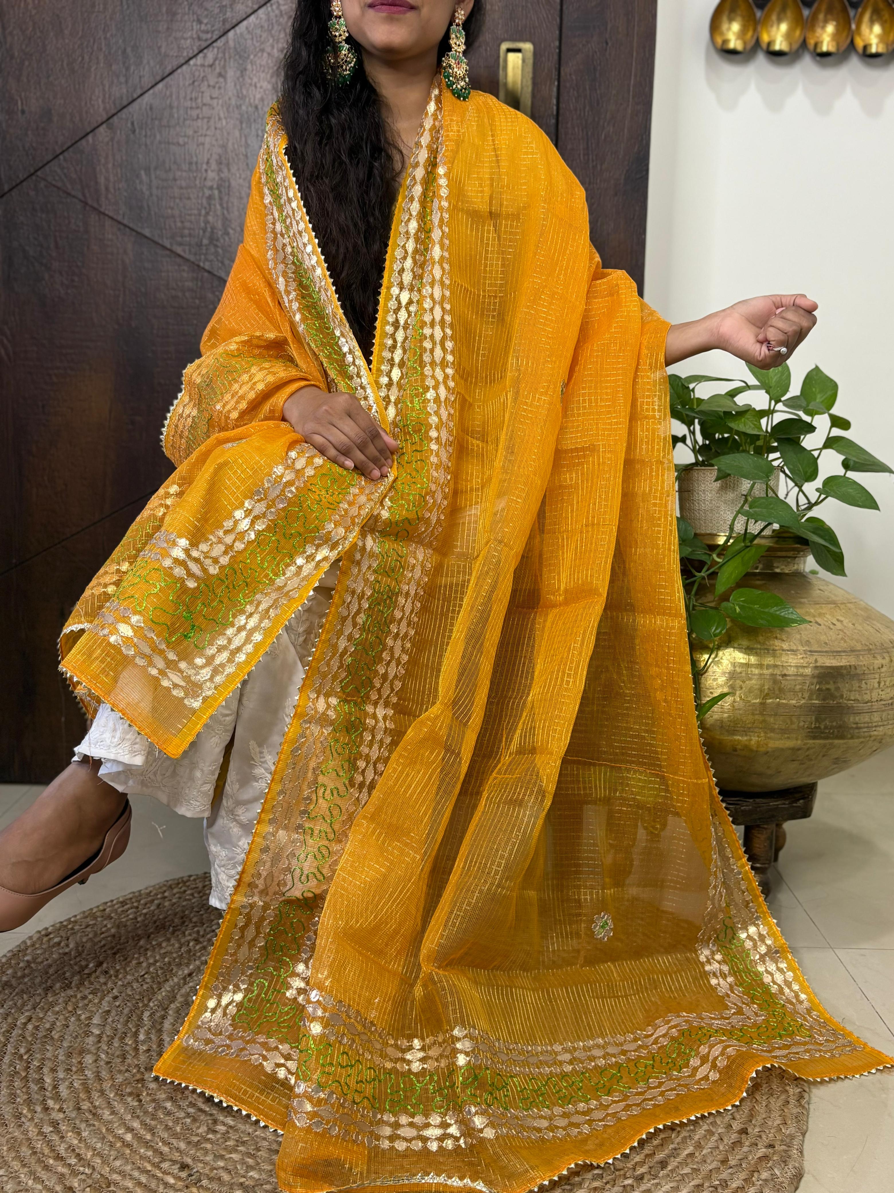 Yellow Kota Doria Heavy Gota Patti Work Dupatta