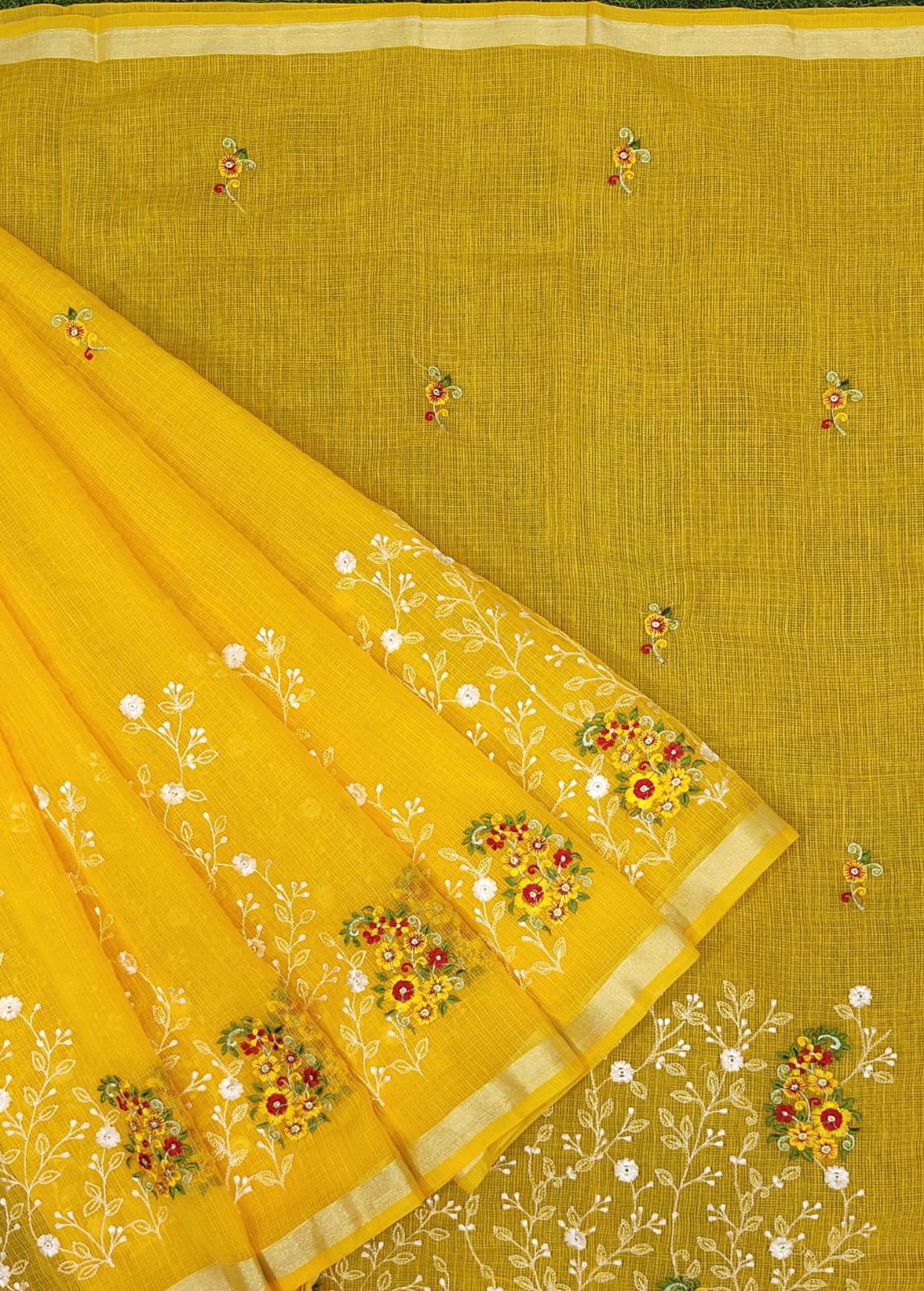 Yellow Kota Doria Embroidery Work Sari