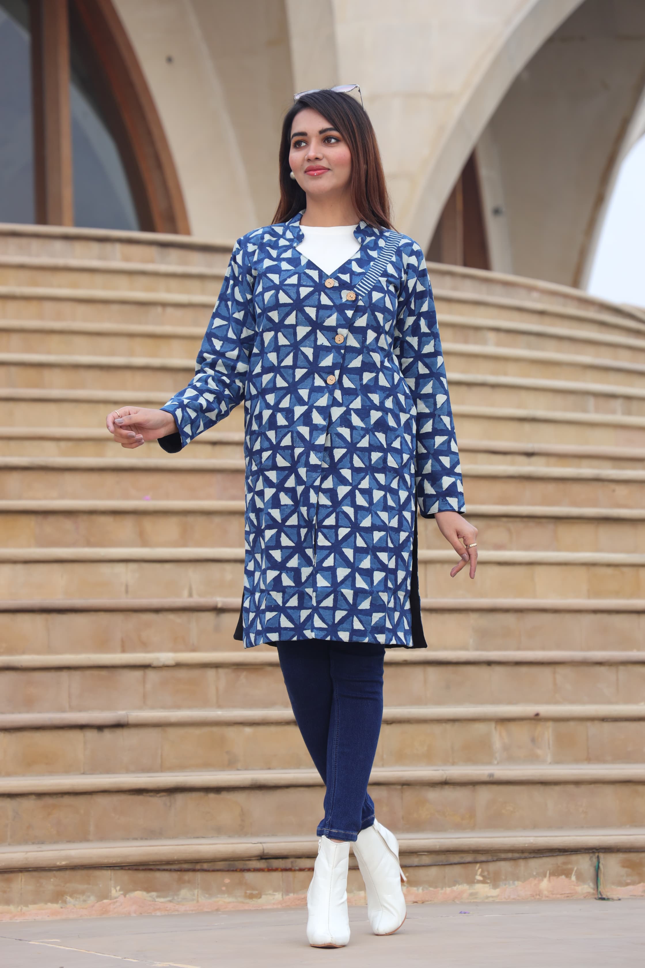 Beautiful Blue Bagru Hand Block Printed Pure Cotton Winter Jackets