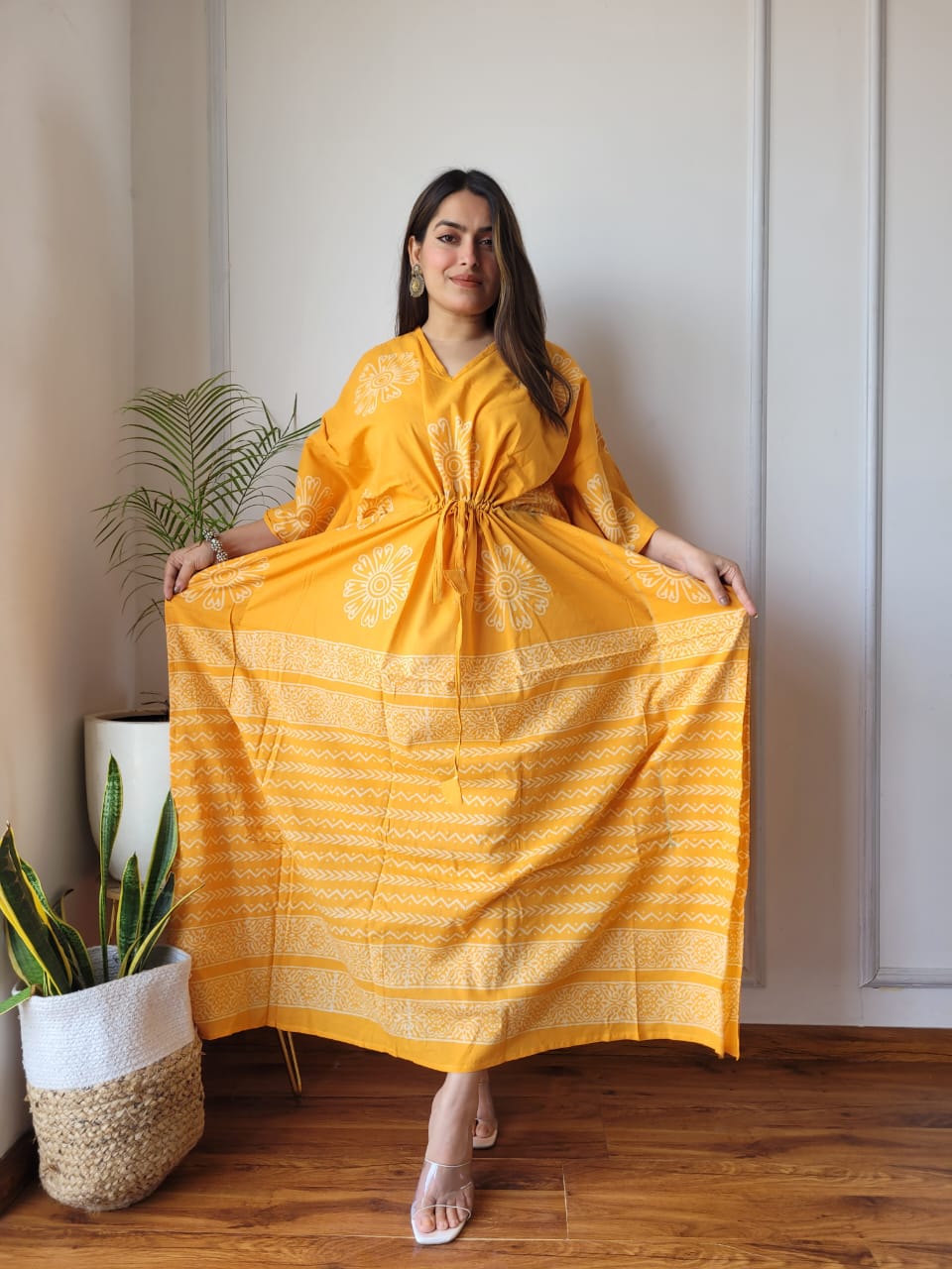 Mustard Yellow Printed Cotton Kaftan