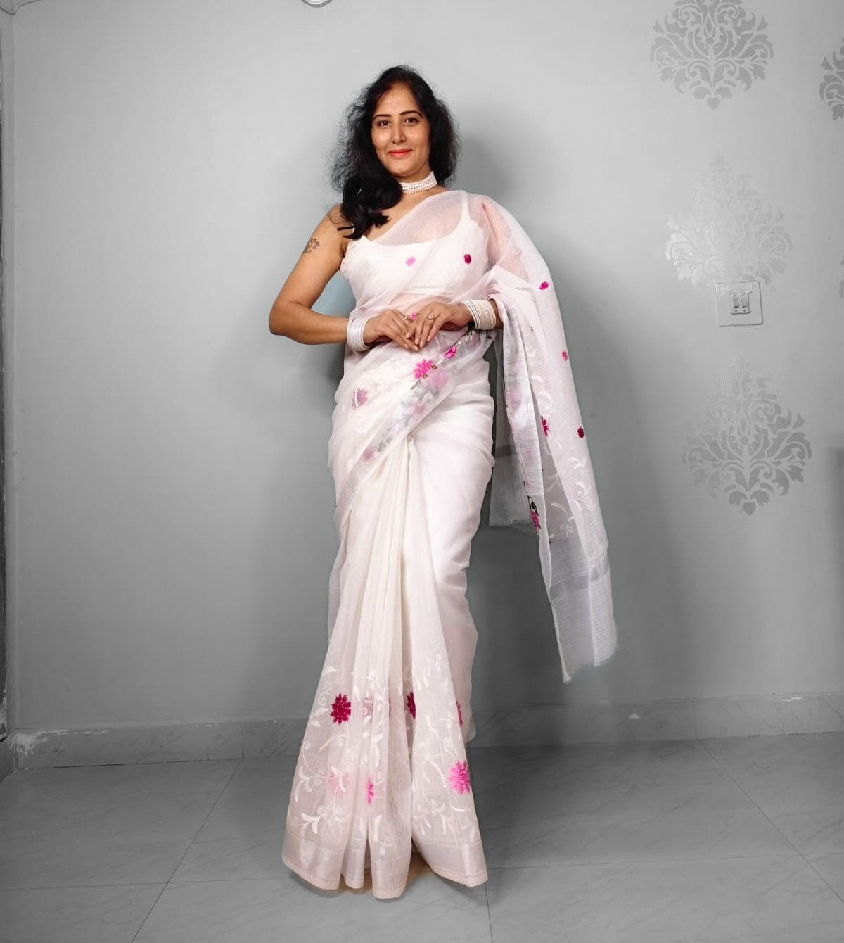 Ghoomar- White Kota Doria Embroidery Work Saree