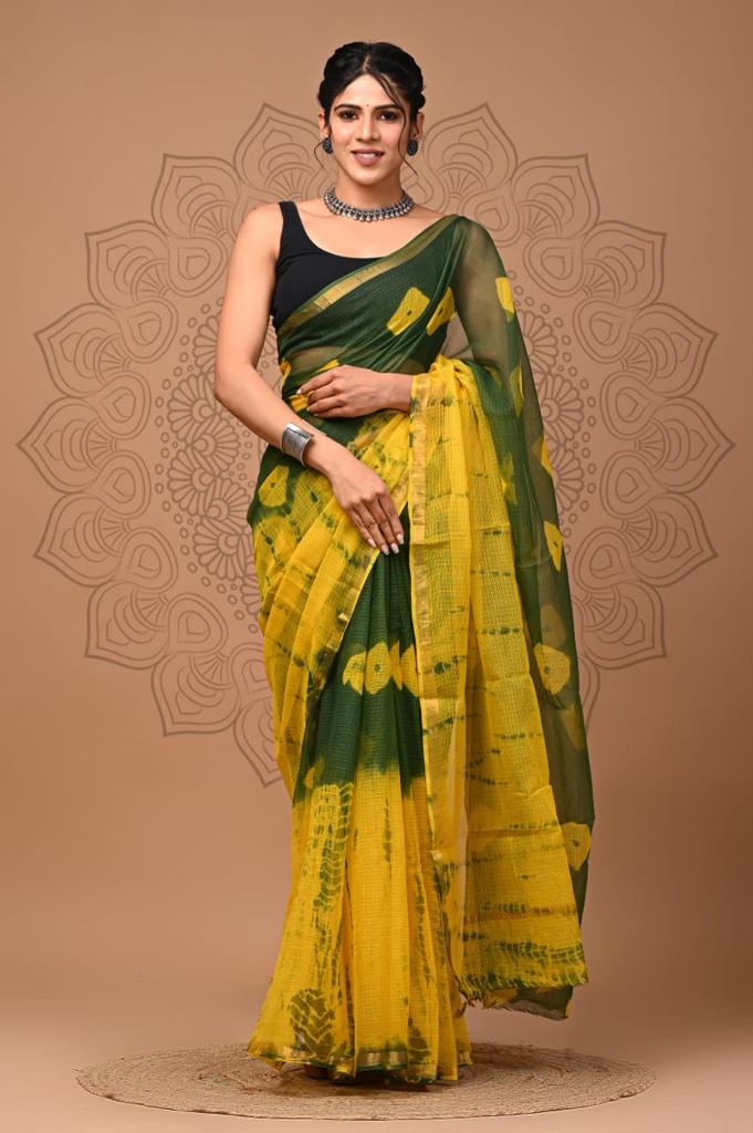 Yellow And Green Block Print Kota Doria Saree