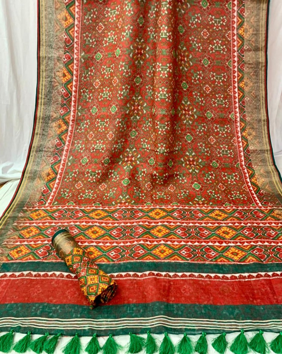 Red Linen Saree With Patola Print