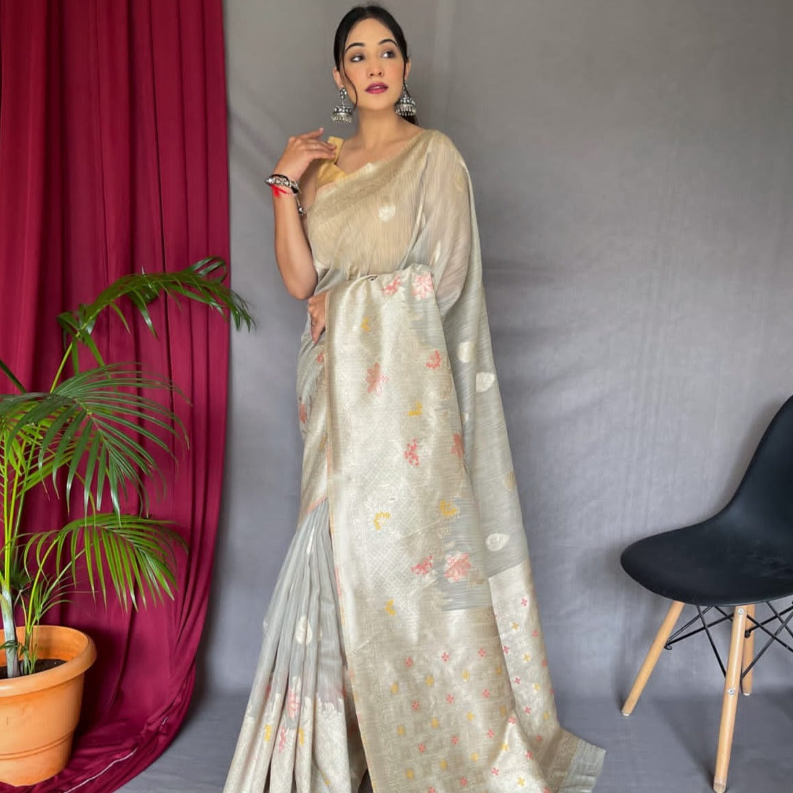 Grey Linen Saree